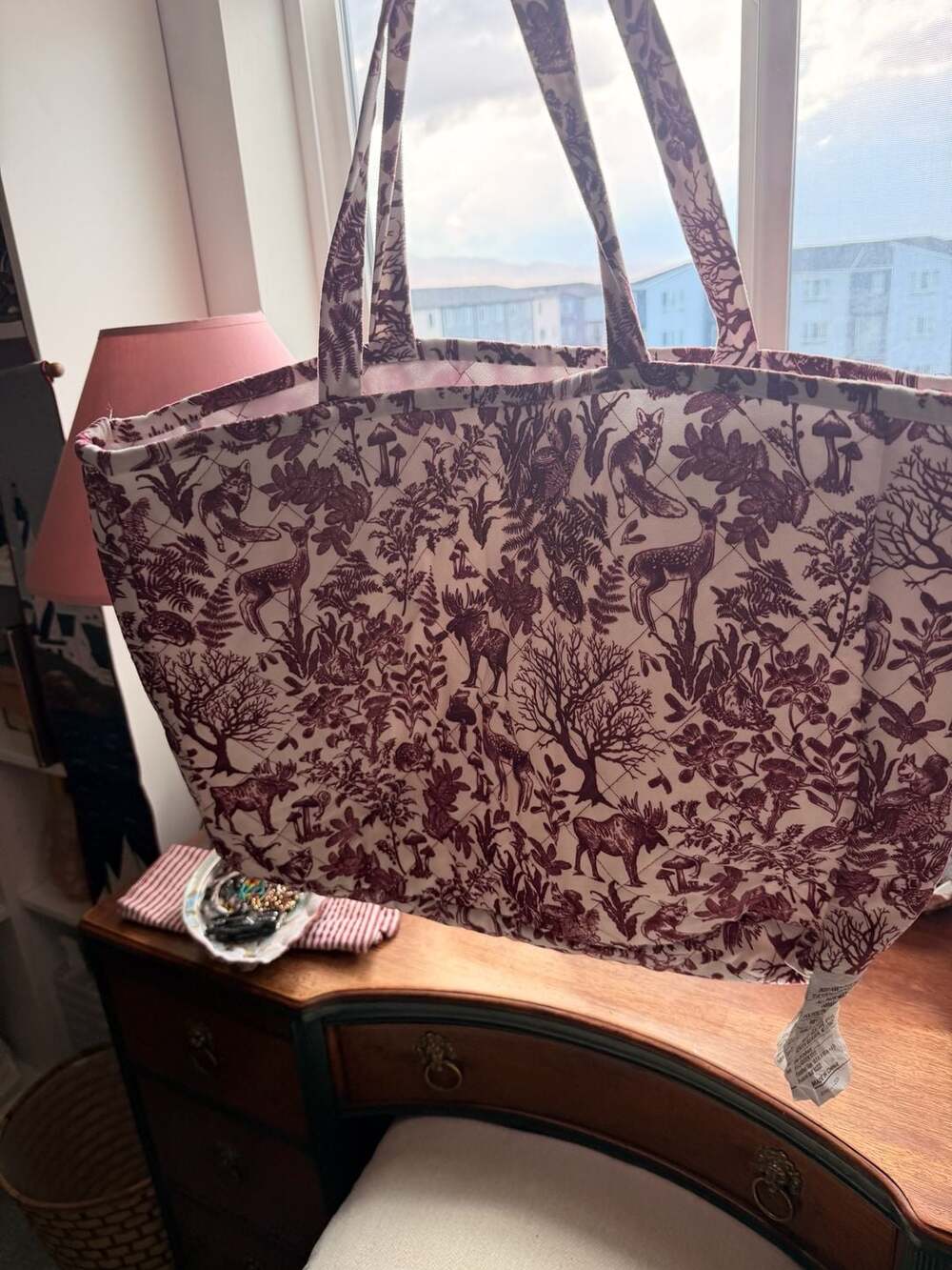 Large Tote Burgundy Forest Animals Toile Quilted Tote Bag with Soft Velvet Feel